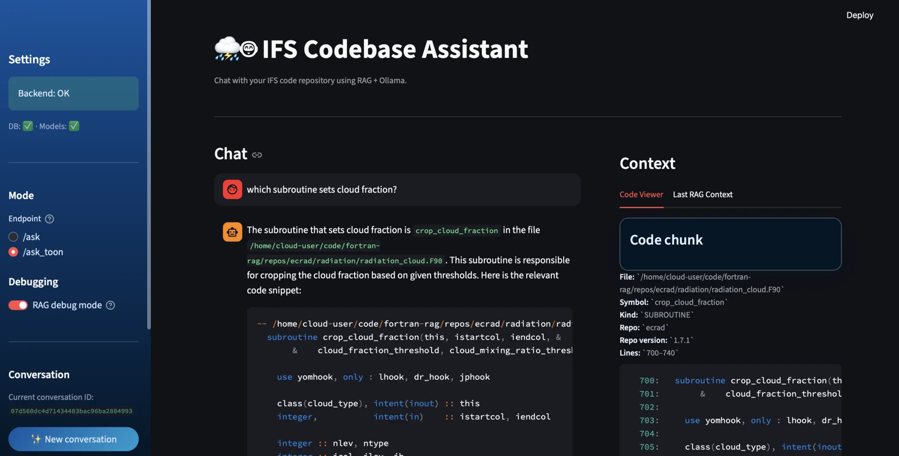 IFS Codebase Assistant showing a cited Fortran answer and source code
